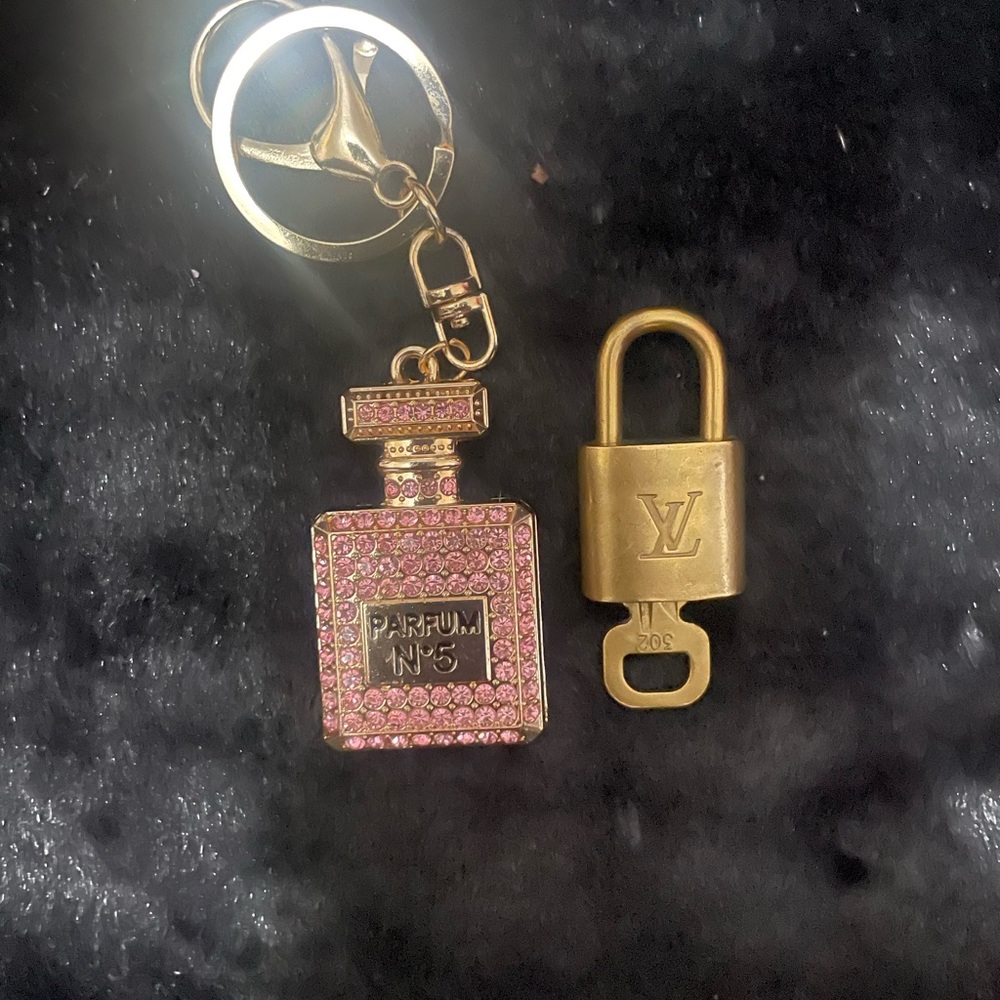 Louis Vuitton lock with Pink and gold Rhinestone Perfume Bag charm/ key ring